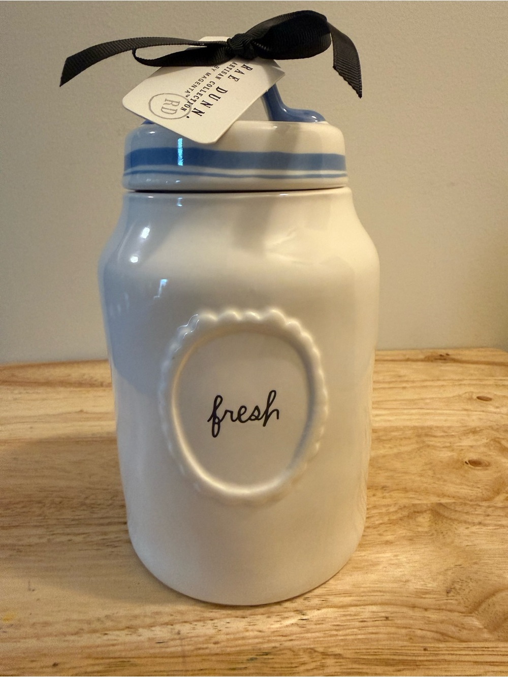 Rae Dunn White Ceramic 'fresh' Storage Jar with Blue-Trim Lid